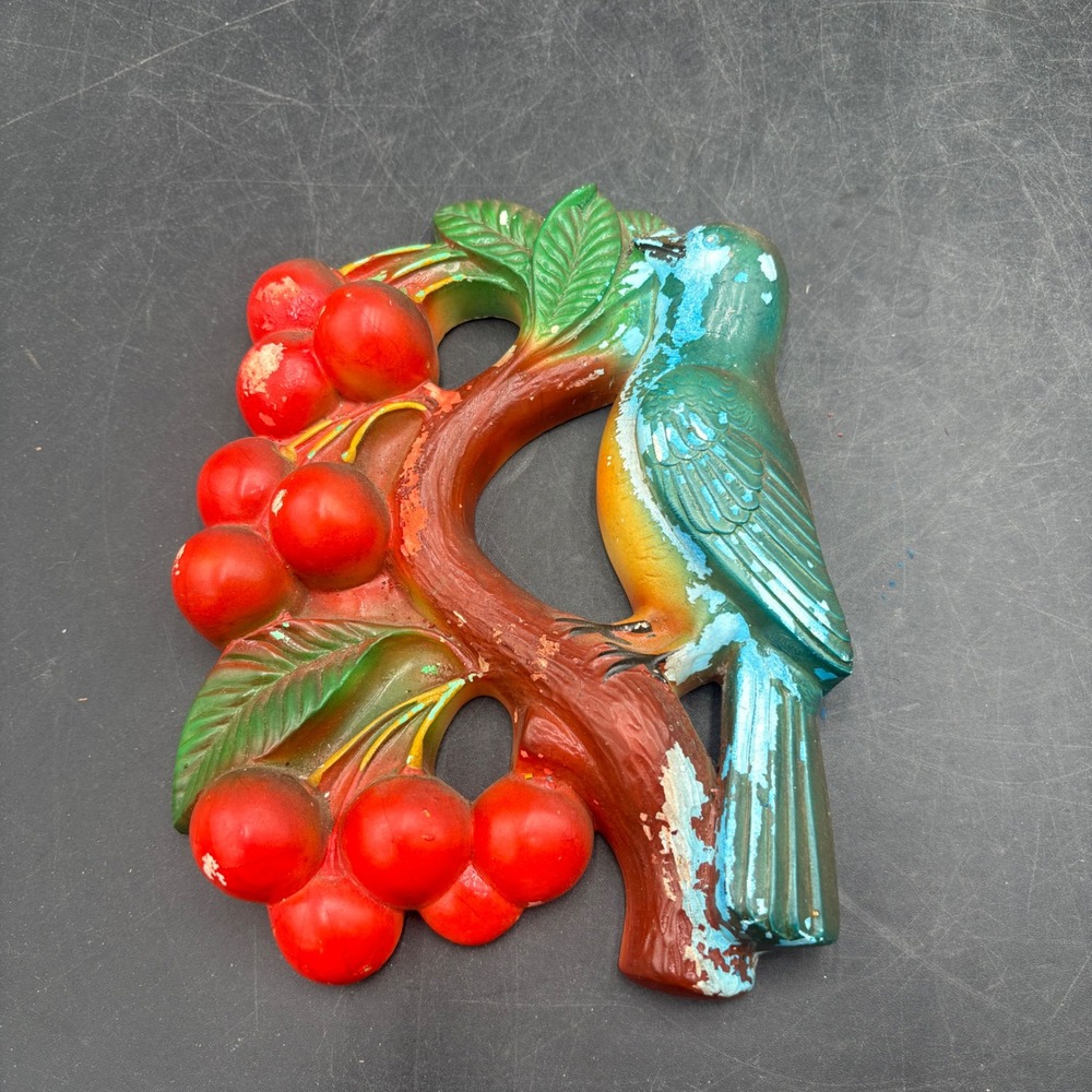Vtg Miller Chalkware Bird Cherry Branch Wall Plaque Retro Kitchen Decor Blue Red